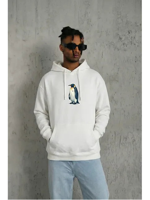 Siyah Oversize Hoodie - Sırt Baskılı "survivor Penguin" Temalı, Felsefi Yazılı Kapüşonlu Sweatshirt - Beyaz