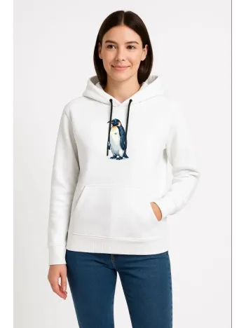 Kadın Oversize Hoodie - Sırt Baskılı "survivor Penguin" Temalı, Felsefi Yazılı Kapüşonlu Sweatshirt - Beyaz