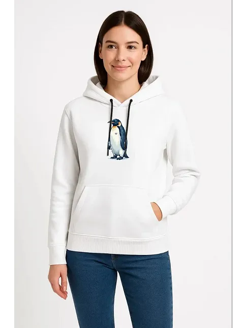 Kadın Oversize Hoodie - Sırt Baskılı "survivor Penguin" Temalı, Felsefi Yazılı Kapüşonlu Sweatshirt - Beyaz