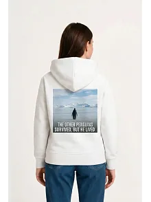 Kadın Oversize Hoodie - Sırt Baskılı "survivor Penguin" Temalı, Felsefi Yazılı Kapüşonlu Sweatshirt - Beyaz