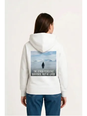 Kadın Oversize Hoodie - Sırt Baskılı "survivor Penguin" Temalı, Felsefi Yazılı Kapüşonlu Sweatshirt - Beyaz Kadın Oversize Hoodie - Sırt Baskılı "survivor Penguin" Temalı, Felsefi Yazılı Kapüşonlu Sweatshirt - Beyaz