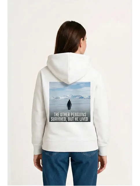 Kadın Oversize Hoodie - Sırt Baskılı "survivor Penguin" Temalı, Felsefi Yazılı Kapüşonlu Sweatshirt - Beyaz