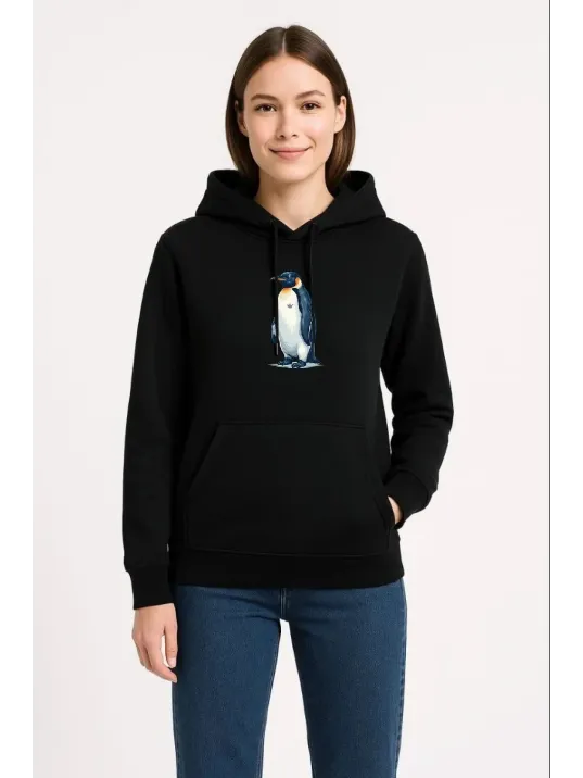 Kadın Oversize Hoodie - Sırt Baskılı "survivor Penguin" Temalı, Felsefi Yazılı Kapüşonlu Sweatshirt - Siyah