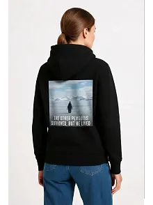 Kadın Oversize Hoodie - Sırt Baskılı "survivor Penguin" Temalı, Felsefi Yazılı Kapüşonlu Sweatshirt - Siyah