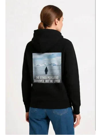 Kadın Oversize Hoodie - Sırt Baskılı "survivor Penguin" Temalı, Felsefi Yazılı Kapüşonlu Sweatshirt - Siyah