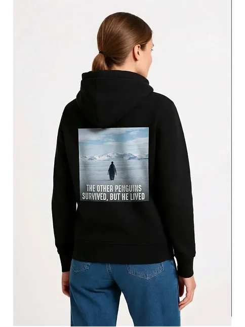 Kadın Oversize Hoodie - Sırt Baskılı "survivor Penguin" Temalı, Felsefi Yazılı Kapüşonlu Sweatshirt - Siyah