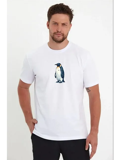 Erkek Oversize Tişört - Sırt Baskılı "survivor Penguin" Temalı, Felsefi Yazılı Bisiklet Yaka Tişört - Beyaz