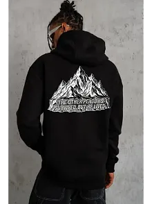 Erkek Nihilist Penguen Temalı Oversize Kapüşonlu Sweatshirt - Siyah