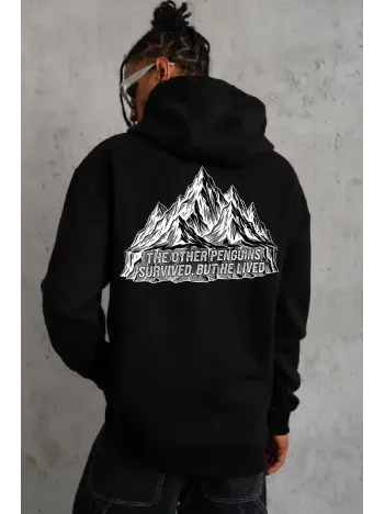 Erkek Nihilist Penguen Temalı Oversize Kapüşonlu Sweatshirt - Siyah