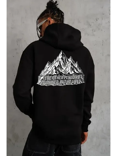 Erkek Nihilist Penguen Temalı Oversize Kapüşonlu Sweatshirt - Siyah