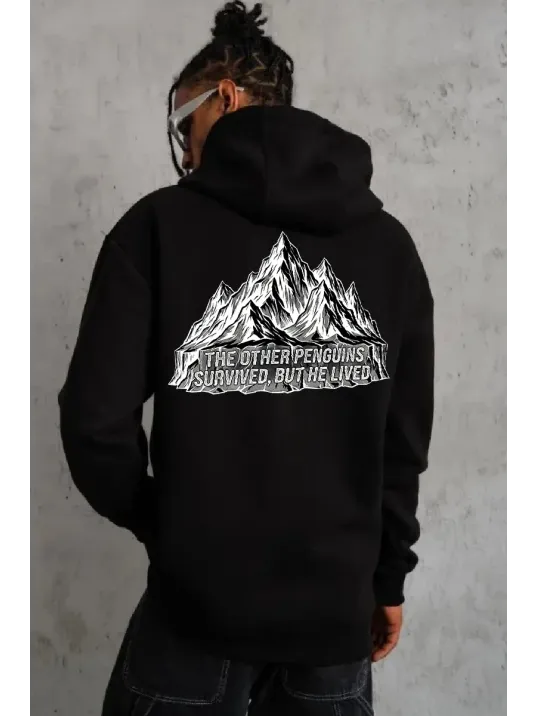 Erkek Nihilist Penguen Temalı Oversize Kapüşonlu Sweatshirt - Siyah Erkek Nihilist Penguen Temalı Oversize Kapüşonlu Sweatshirt - Siyah