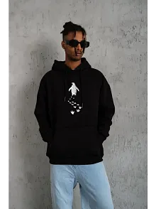 Erkek Nihilist Penguen Temalı Oversize Kapüşonlu Sweatshirt - Siyah