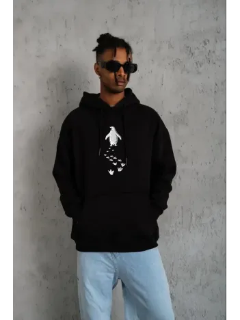 Erkek Nihilist Penguen Temalı Oversize Kapüşonlu Sweatshirt - Siyah Erkek Nihilist Penguen Temalı Oversize Kapüşonlu Sweatshirt - Siyah