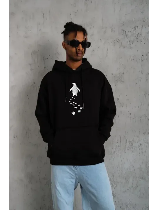 Erkek Nihilist Penguen Temalı Oversize Kapüşonlu Sweatshirt - Siyah Erkek Nihilist Penguen Temalı Oversize Kapüşonlu Sweatshirt - Siyah