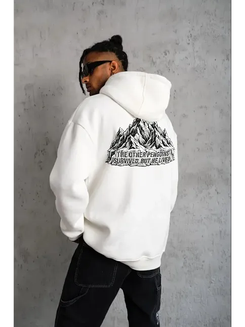 Erkek Nihilist Penguen Temalı Oversize Kapüşonlu Sweatshirt - Beyaz