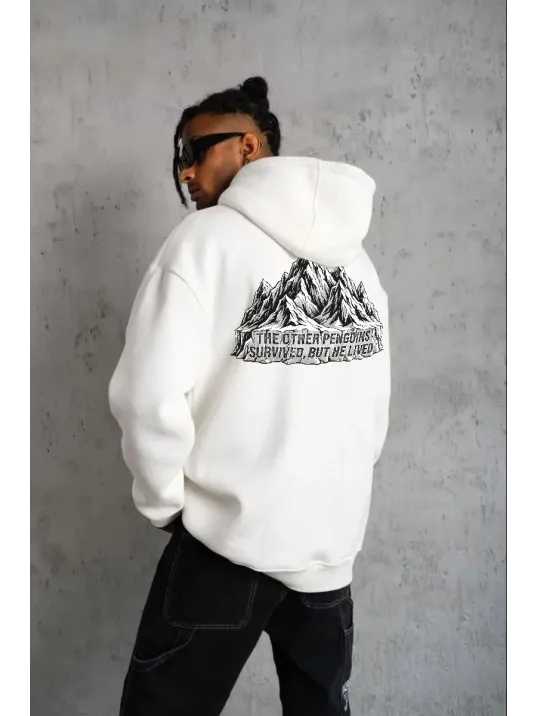 Erkek Nihilist Penguen Temalı Oversize Kapüşonlu Sweatshirt - Beyaz Erkek Nihilist Penguen Temalı Oversize Kapüşonlu Sweatshirt - Beyaz