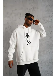 Erkek Nihilist Penguen Temalı Oversize Kapüşonlu Sweatshirt - Beyaz