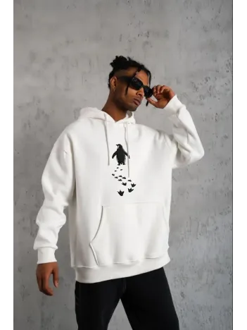 Erkek Nihilist Penguen Temalı Oversize Kapüşonlu Sweatshirt - Beyaz
