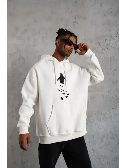 Erkek Nihilist Penguen Temalı Oversize Kapüşonlu Sweatshirt - Beyaz Erkek Nihilist Penguen Temalı Oversize Kapüşonlu Sweatshirt - Beyaz