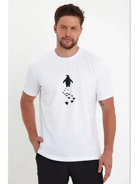 Erkek Nihilist Penguen Temalı Oversize Bisiklet Yaka Tişört - Beyaz