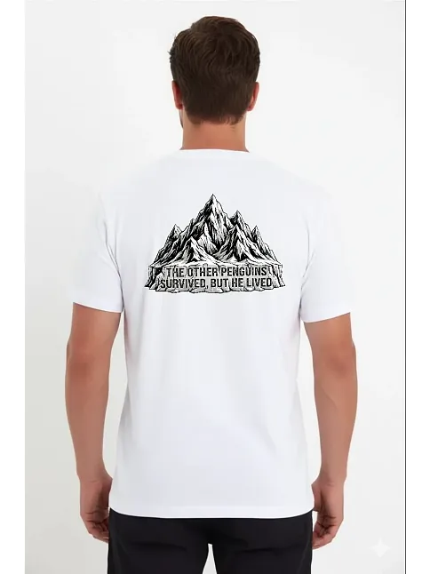 Erkek Nihilist Penguen Temalı Oversize Bisiklet Yaka Tişört - Beyaz