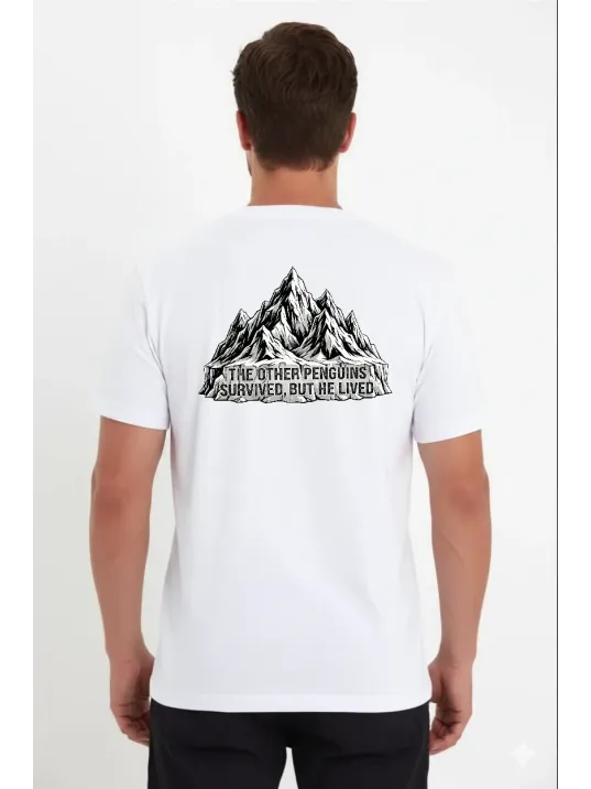 Erkek Nihilist Penguen Temalı Oversize Bisiklet Yaka Tişört - Beyaz