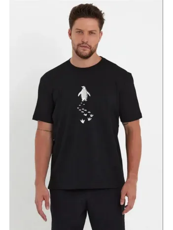 Erkek Nihilist Penguen Temalı Oversize Bisiklet Yaka Tişört - Siyah Erkek Nihilist Penguen Temalı Oversize Bisiklet Yaka Tişört - Siyah