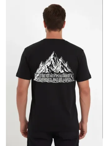 Erkek Nihilist Penguen Temalı Oversize Bisiklet Yaka Tişört - Siyah