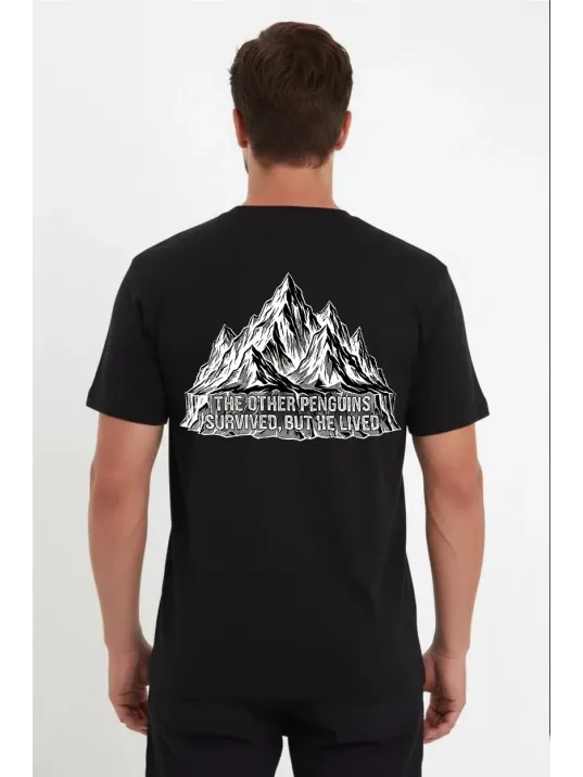 Erkek Nihilist Penguen Temalı Oversize Bisiklet Yaka Tişört - Siyah