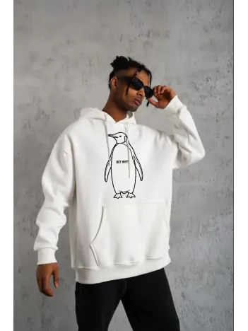 Erkek Nihilist Penguen Özel Tasarım Oversize Kapüşonlu Sweatshirt - Beyaz