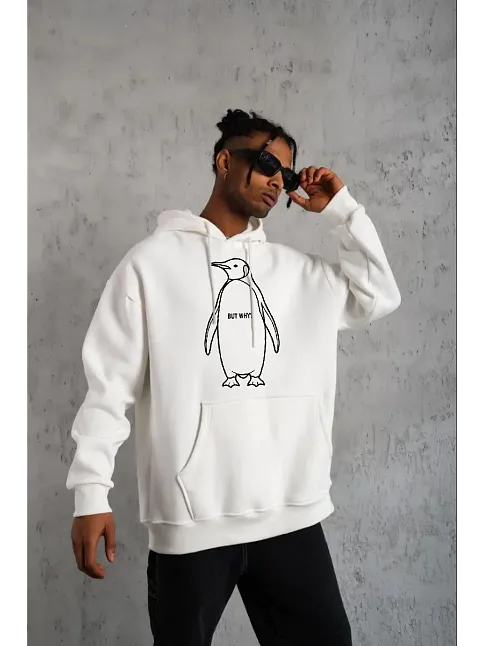 Erkek Nihilist Penguen Özel Tasarım Oversize Kapüşonlu Sweatshirt - Beyaz
