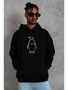 Erkek Nihilist Penguen Özel Tasarım Oversize Kapüşonlu Sweatshirt - Siyah