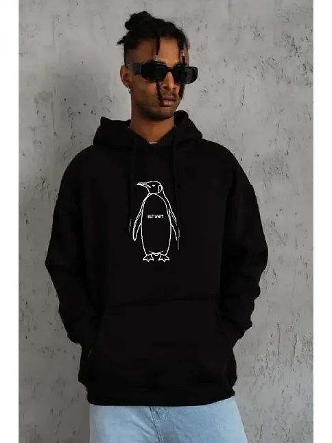 Erkek Nihilist Penguen Özel Tasarım Oversize Kapüşonlu Sweatshirt - Siyah