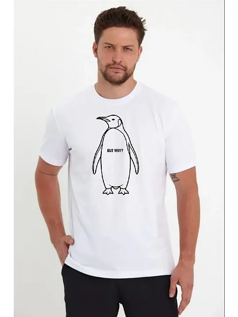 Erkek Nihilist Penguen Özel Tasarım Oversize Bisiklet Yaka Tişört - Beyaz