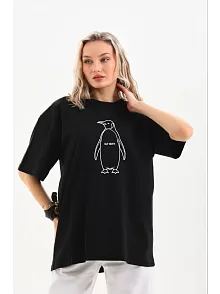 Kadın Nihilist Penguen Özel Tasarım Oversize Bisiklet Yaka Tişört - Siyah
