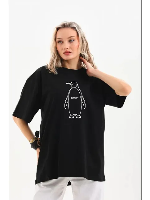 Kadın Nihilist Penguen Özel Tasarım Oversize Bisiklet Yaka Tişört - Siyah