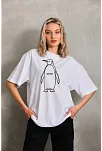 Kadın Nihilist Penguen Özel Tasarım Oversize Bisiklet Yaka Tişört - Beyaz