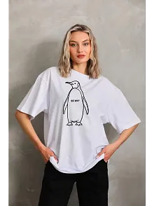 Kadın Nihilist Penguen Özel Tasarım Oversize Bisiklet Yaka Tişört - Beyaz