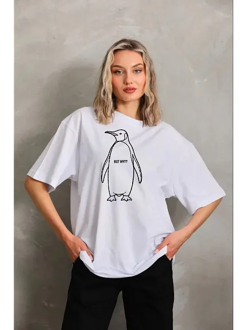 Kadın Nihilist Penguen Özel Tasarım Oversize Bisiklet Yaka Tişört - Beyaz