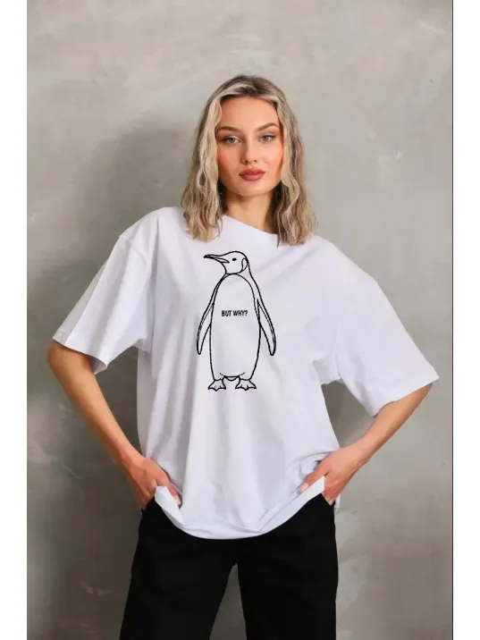 Kadın Nihilist Penguen Özel Tasarım Oversize Bisiklet Yaka Tişört - Beyaz