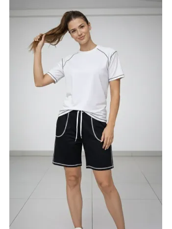 Kadın Spor Tişört Şort Takım Kontrast Dikiş Detaylı Ovarsize Rahat Kalıp - Beyaz