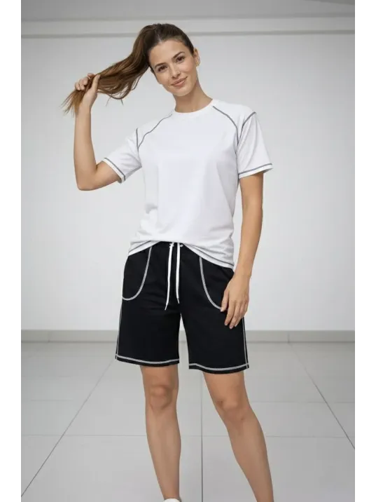 Kadın Spor Tişört Şort Takım Kontrast Dikiş Detaylı Ovarsize Rahat Kalıp - Beyaz