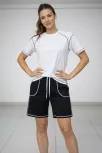 Kadın Spor Tişört Şort Takım Kontrast Dikiş Detaylı Ovarsize Rahat Kalıp - Beyaz