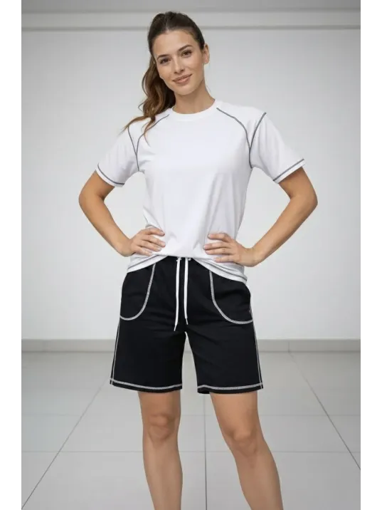 Kadın Spor Tişört Şort Takım Kontrast Dikiş Detaylı Ovarsize Rahat Kalıp - Beyaz
