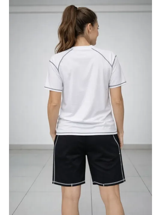 Kadın Spor Tişört Şort Takım Kontrast Dikiş Detaylı Ovarsize Rahat Kalıp - Beyaz
