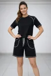 Kadın Spor Tişört Şort Takım Kontrast Dikiş Detaylı Ovarsize Rahat Kalıp - Siyah
