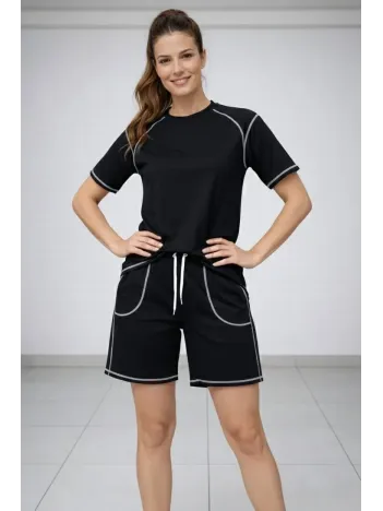 Kadın Spor Tişört Şort Takım Kontrast Dikiş Detaylı Ovarsize Rahat Kalıp - Siyah