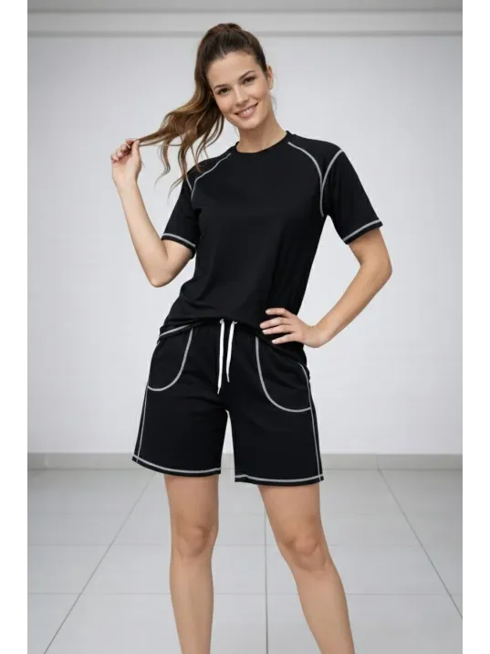 Kadın Spor Tişört Şort Takım Kontrast Dikiş Detaylı Ovarsize Rahat Kalıp - Siyah