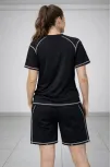 Kadın Spor Tişört Şort Takım Kontrast Dikiş Detaylı Ovarsize Rahat Kalıp - Siyah
