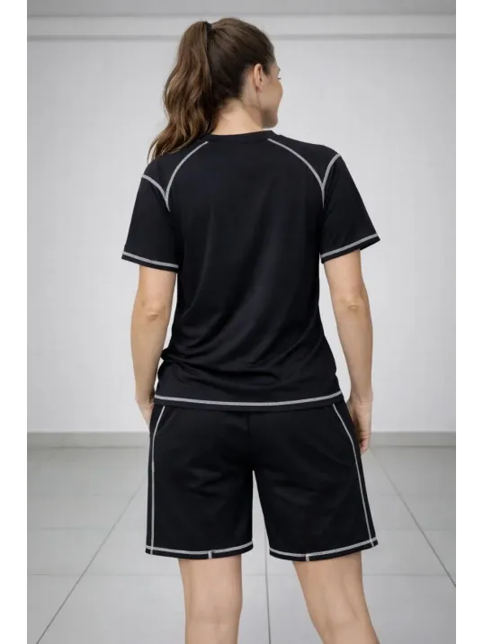 Kadın Spor Tişört Şort Takım Kontrast Dikiş Detaylı Ovarsize Rahat Kalıp - Siyah